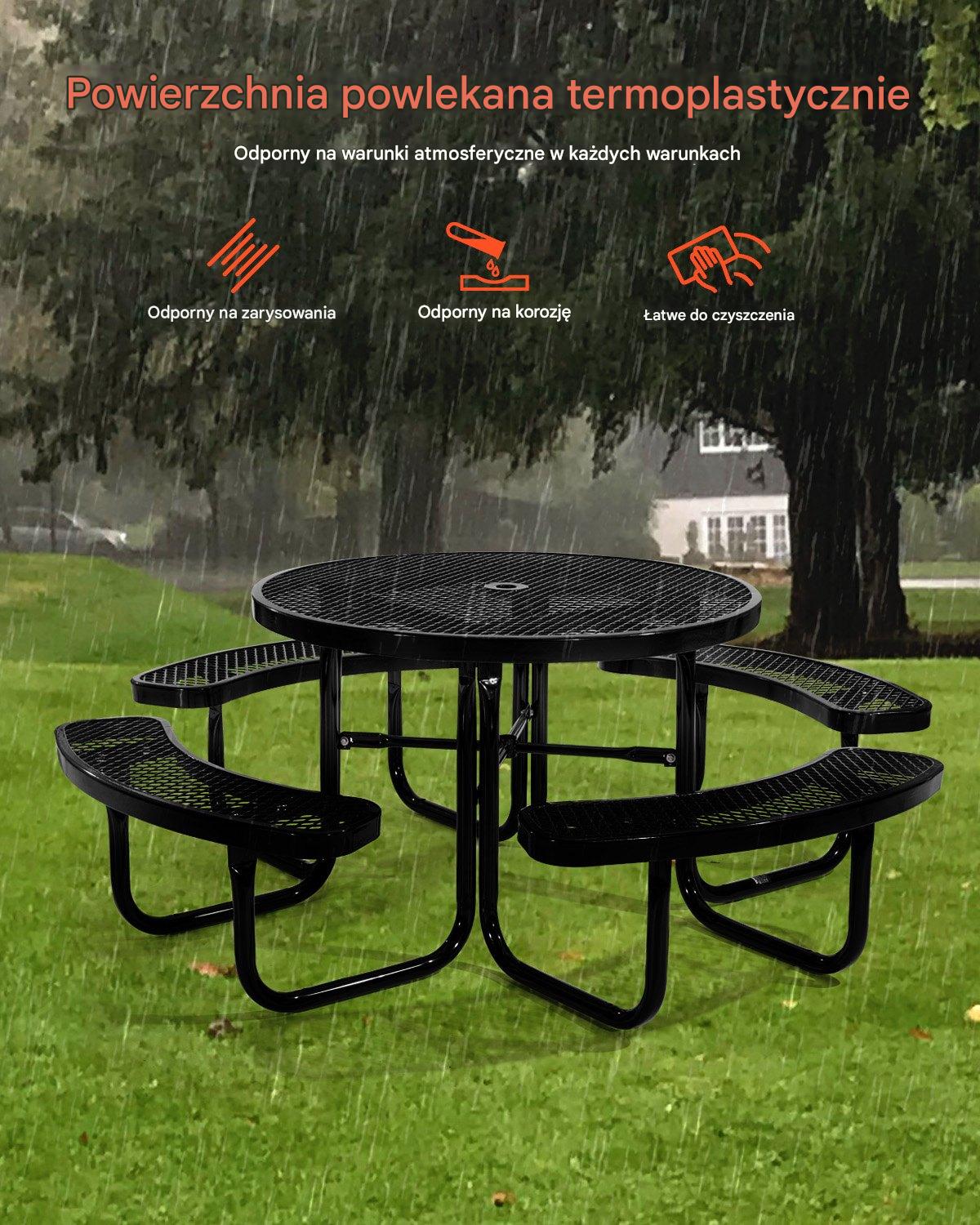 Stół piknikowy okrągły 117 cm - stal malowana z otworem na parasol - obrazek 6