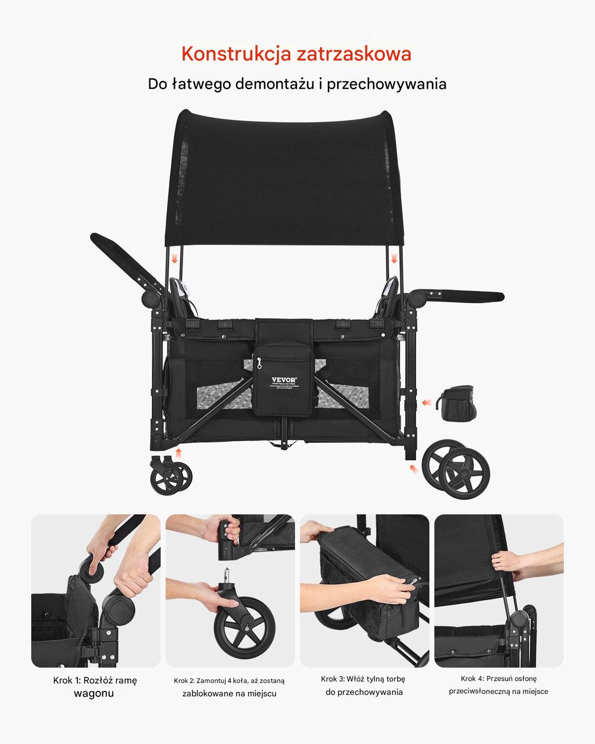 Wózek Wagon dla 4 Dzieci – Wielofunkcyjność Amortyzacja Daszek - obrazek 6