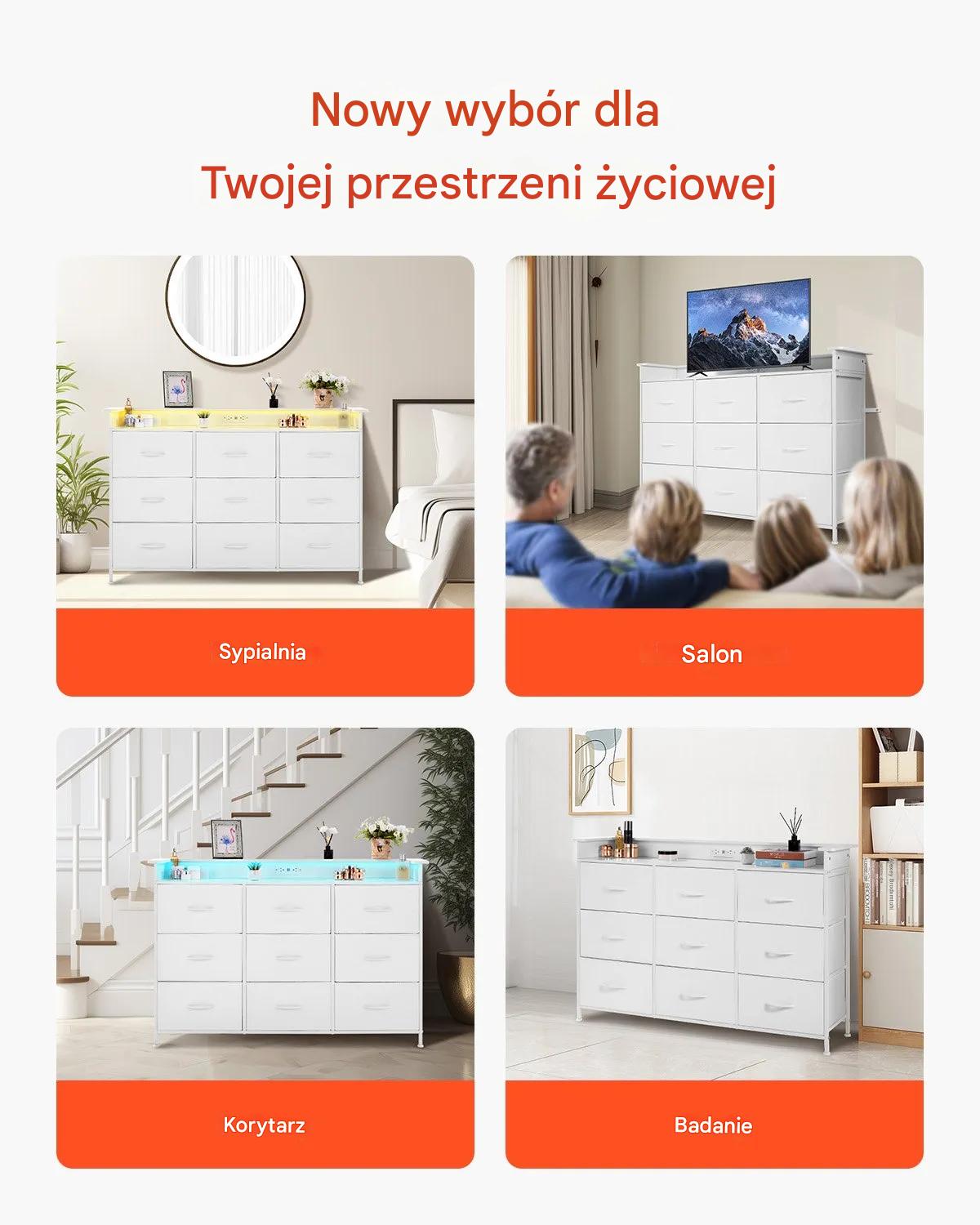 Komoda 9 szuflad materiałowa metal LED gniazdko - do sypialni, garderoby - obrazek 7