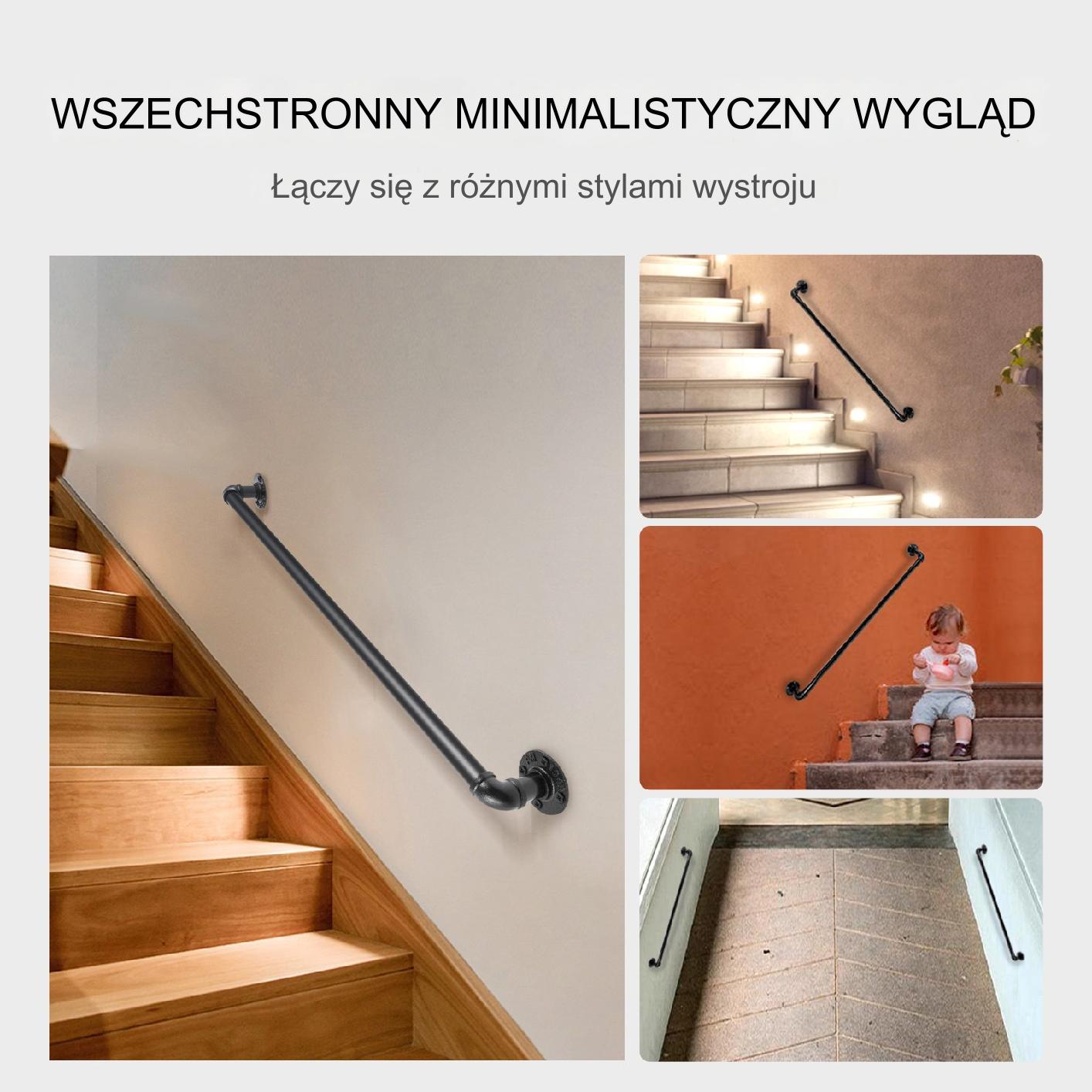 Poręcz schodowa 90cm stalowa ścienna rura montaż bezpieczeństwo wewnętrzna - obrazek 3
