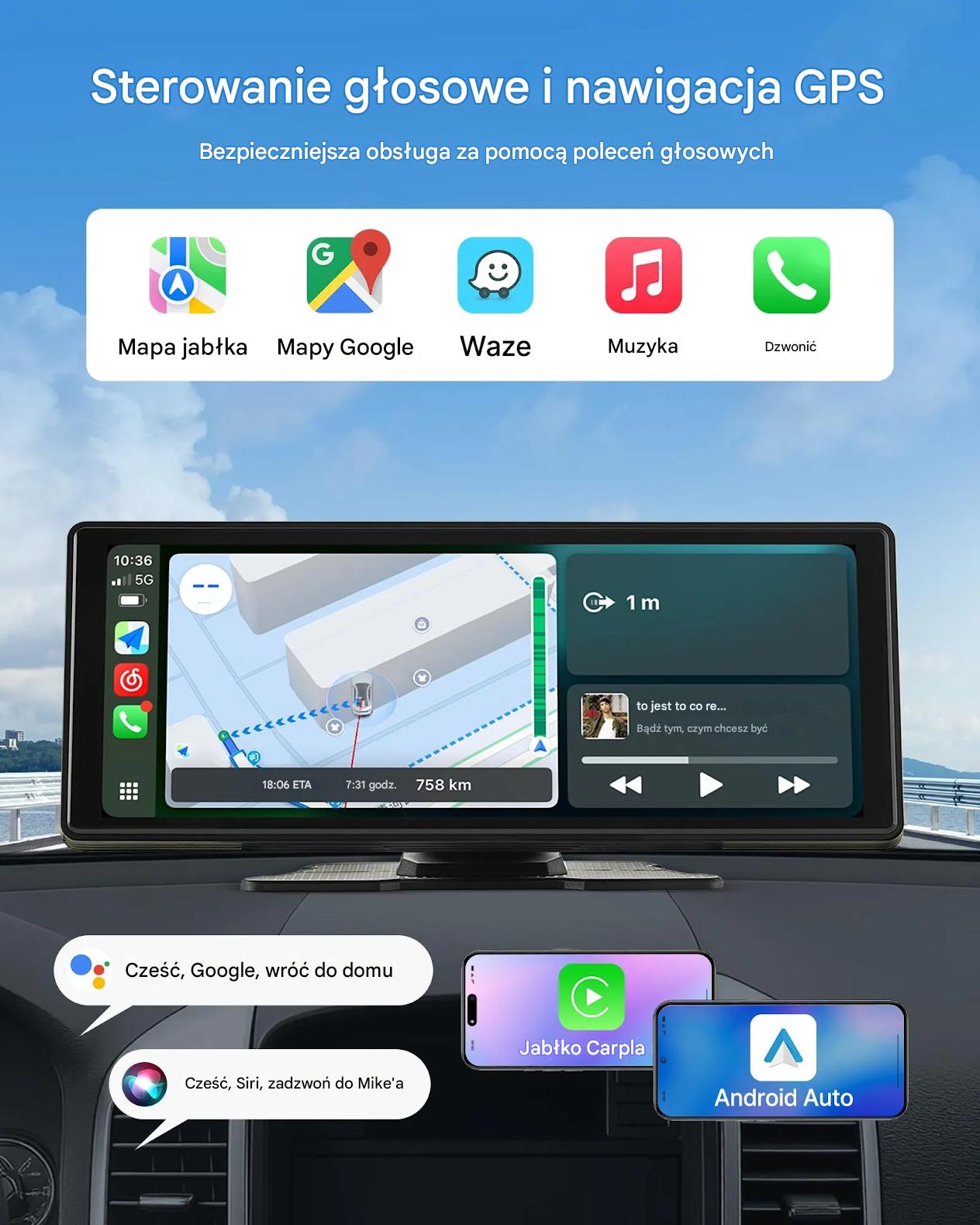 Ekran CarPlay/Android Auto 10″ dotykowy BT GPS z voice control do auta - obrazek 4
