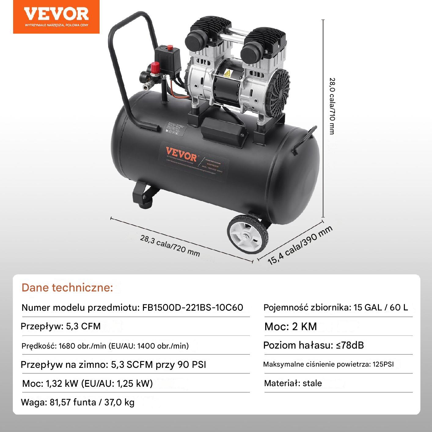 Kompresor powietrza 60L 90PSI – bezolejowy przenośny do warsztatu - obrazek 2
