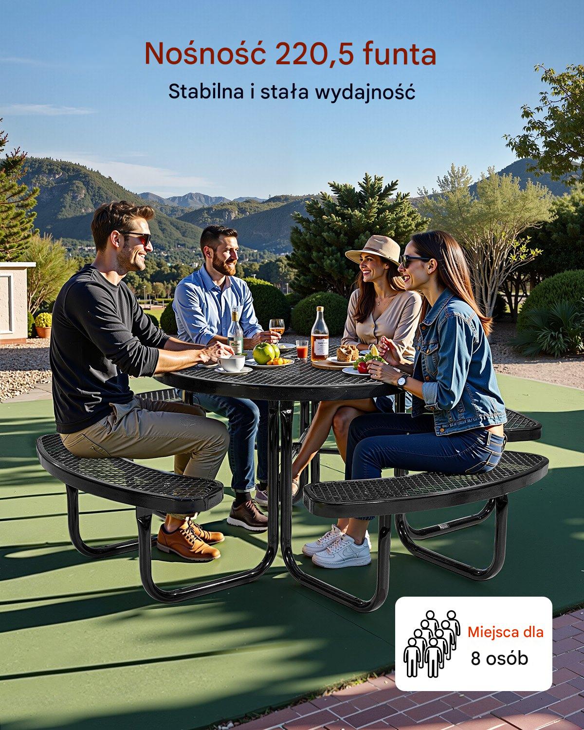 Stół piknikowy okrągły 117 cm - stal malowana z otworem na parasol - obrazek 3
