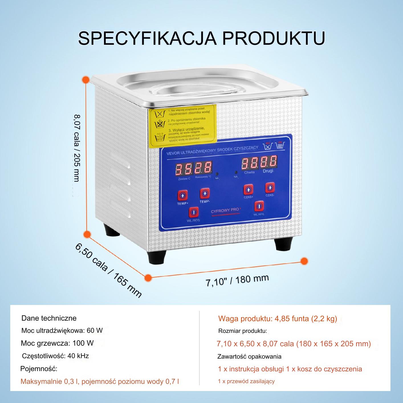 Myjka ultradźwiękowa 0,3L 40kHz podgrzewanie timer 60W profesjonalna - obrazek 2