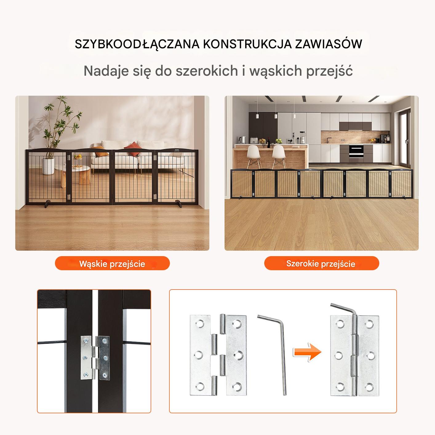 Bramka dla psa składana 4-panelowa, brązowa, drewniana, szer. do 245 cm - obrazek 3
