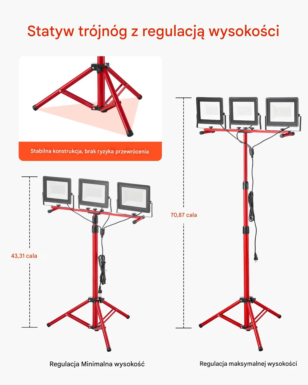 Lampa robocza LED 15000 lm na statywie 3 głowice IP65 budowa - obrazek 5