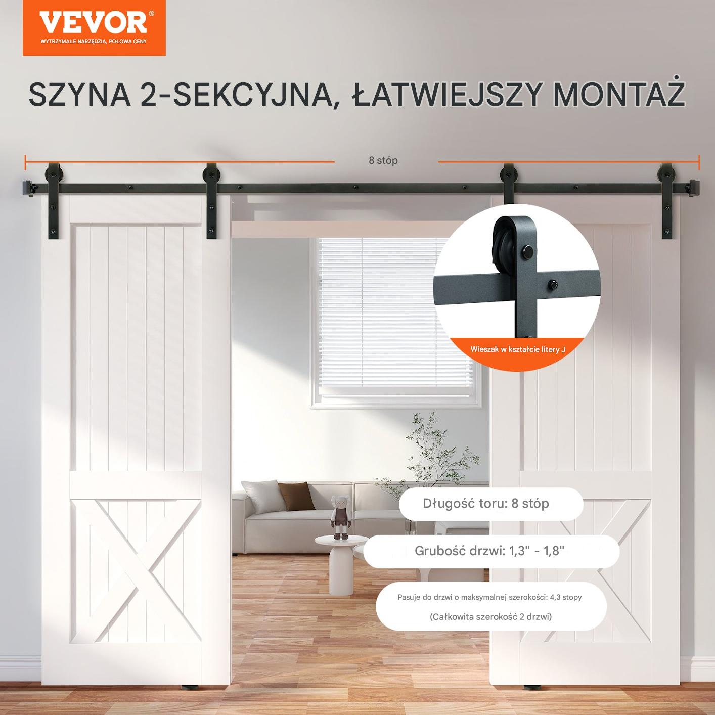 Zestaw do drzwi przesuwnych 244 cm podwójne J udźwig 150kg ciche prowadnice - obrazek 7