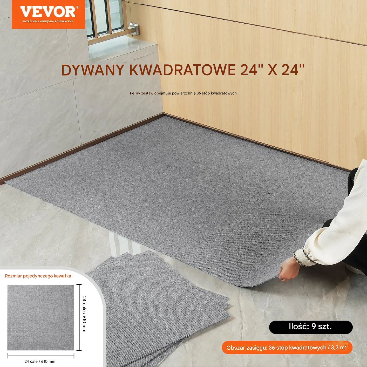 Wykładzina samoprzylepna dywan 610x610 mm 9 szt. łatwy montaż do domu szara - obrazek 3