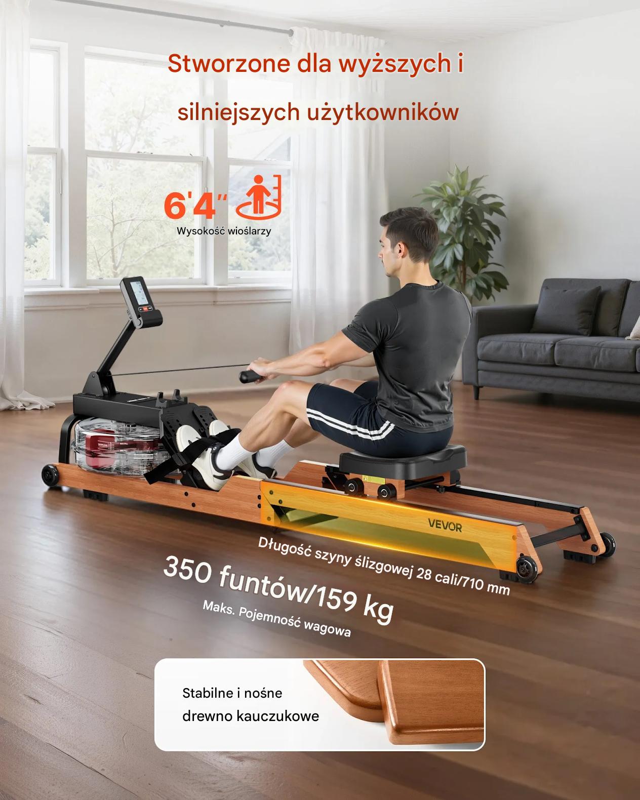 Wioślarz wodny drewniany składany 6 poziomów oporu LCD trening domowy - obrazek 3