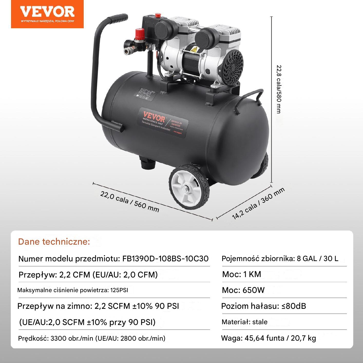 Kompresor powietrza 30L 90PSI – bezolejowy przenośny do warsztatu - obrazek 2