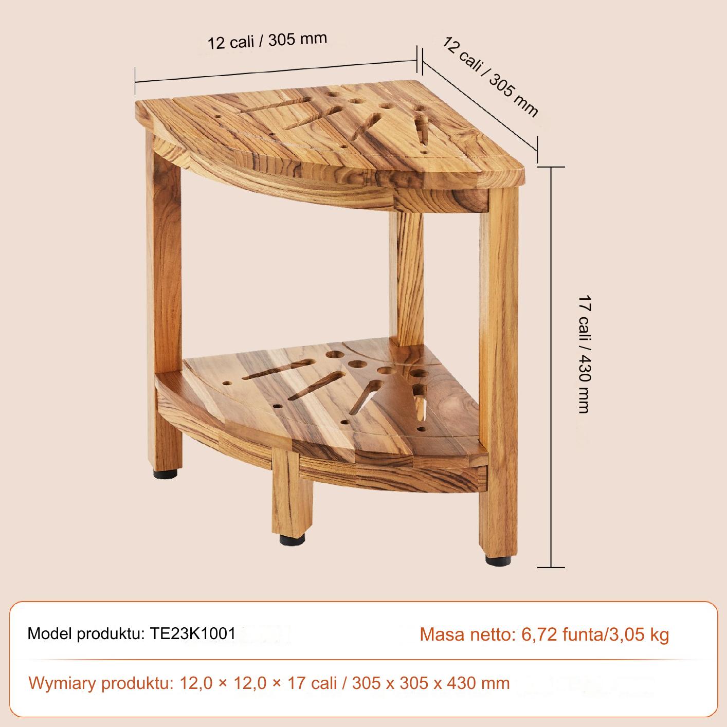 Ławka prysznicowa narożna teakowa 43x30 cm z półką odporna na pleśń - obrazek 2