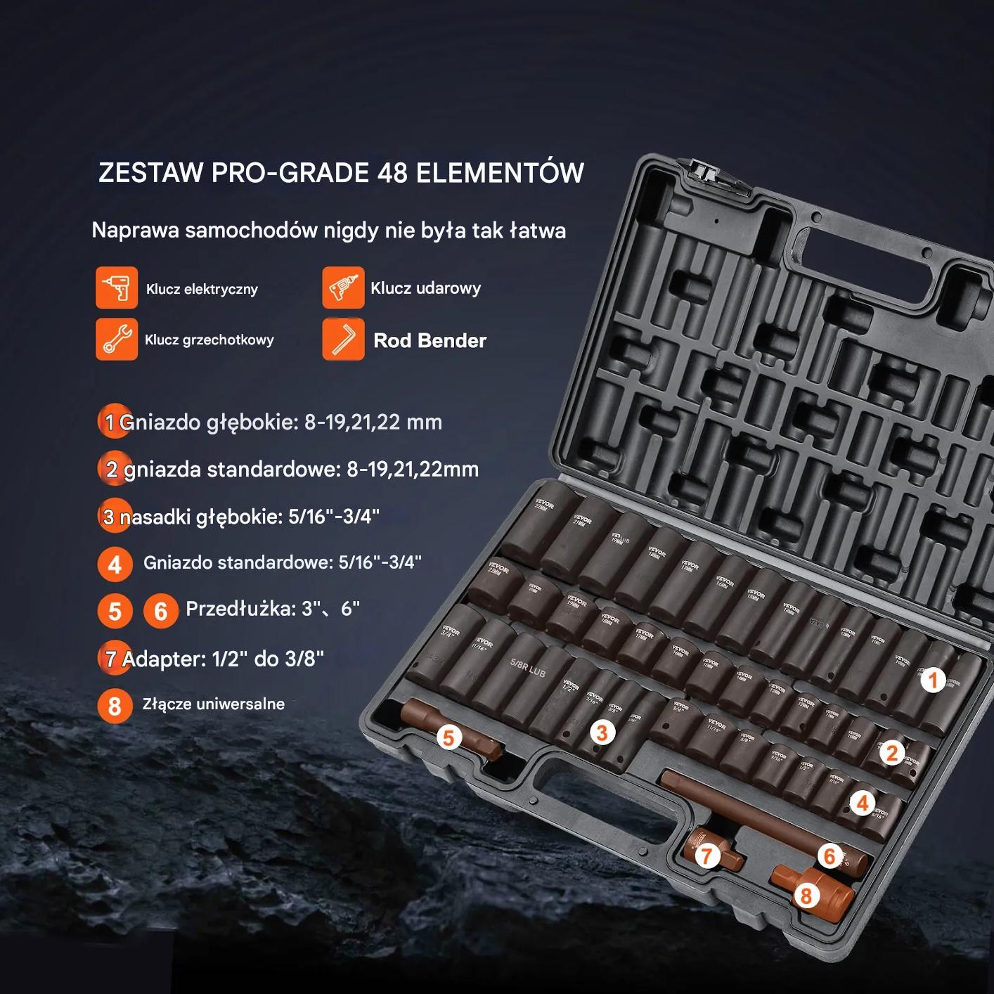 Zestaw nasadek udarowych 3/8" 48 el. SAE/metric 6-kąt z adapterami - obrazek 4