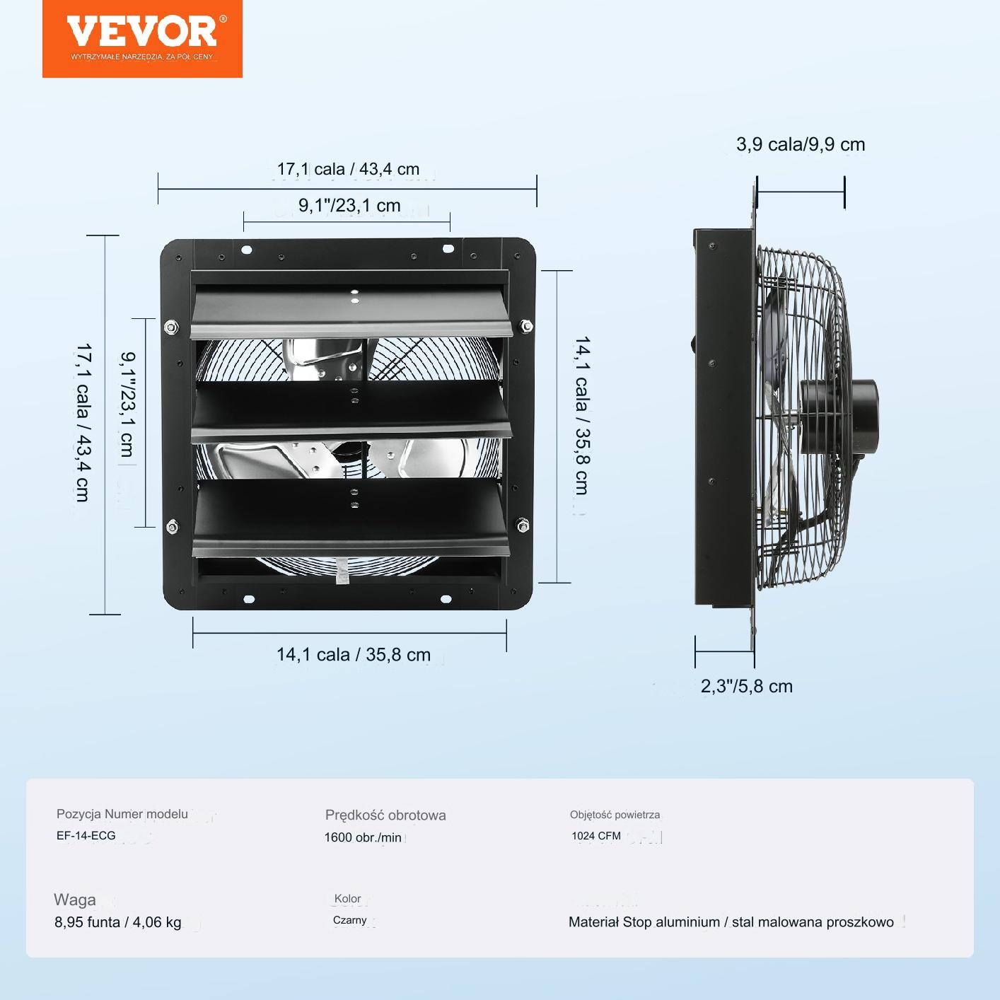 Wentylator ścienny wyciągowy 1700 m3/h czarny 30W automatyczne żaluzje - obrazek 2