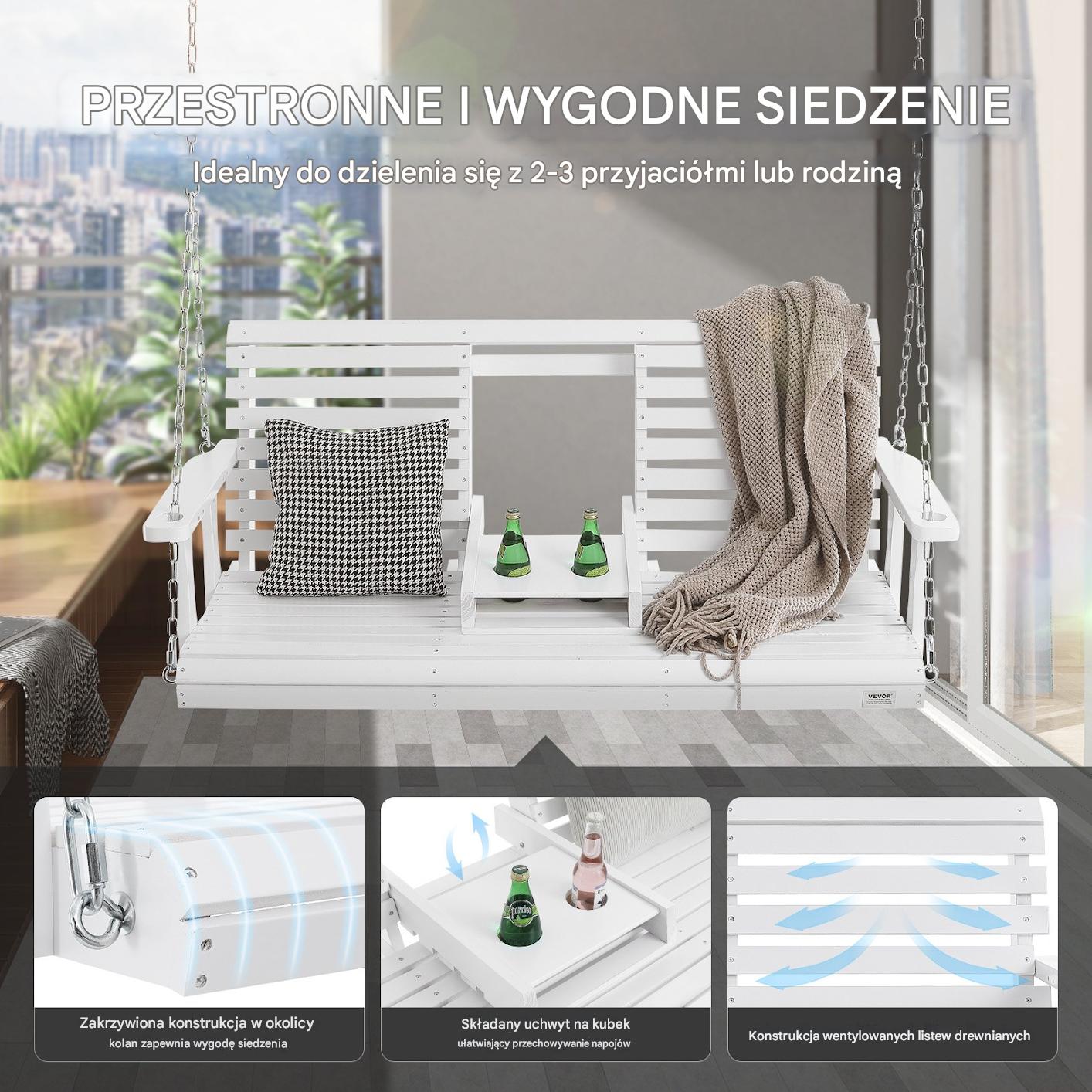 Drewniana huśtawka ogrodowa wisząca na taras werandę biała 152 cm - obrazek 4