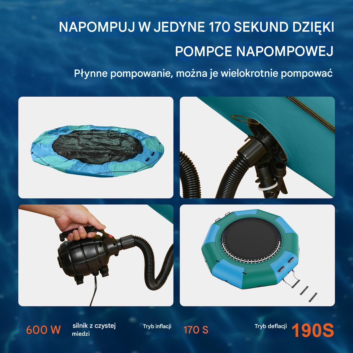 Trampolina wodna dmuchana 3,05 m ze zjeżdżalnią i drabinką, 185 kg, PVC - obrazek 7
