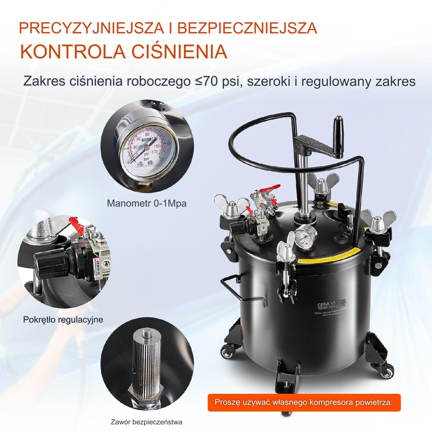 Zbiornik ciśnieniowy na farbę 20L 4,8 bar na kółkach - obrazek 4