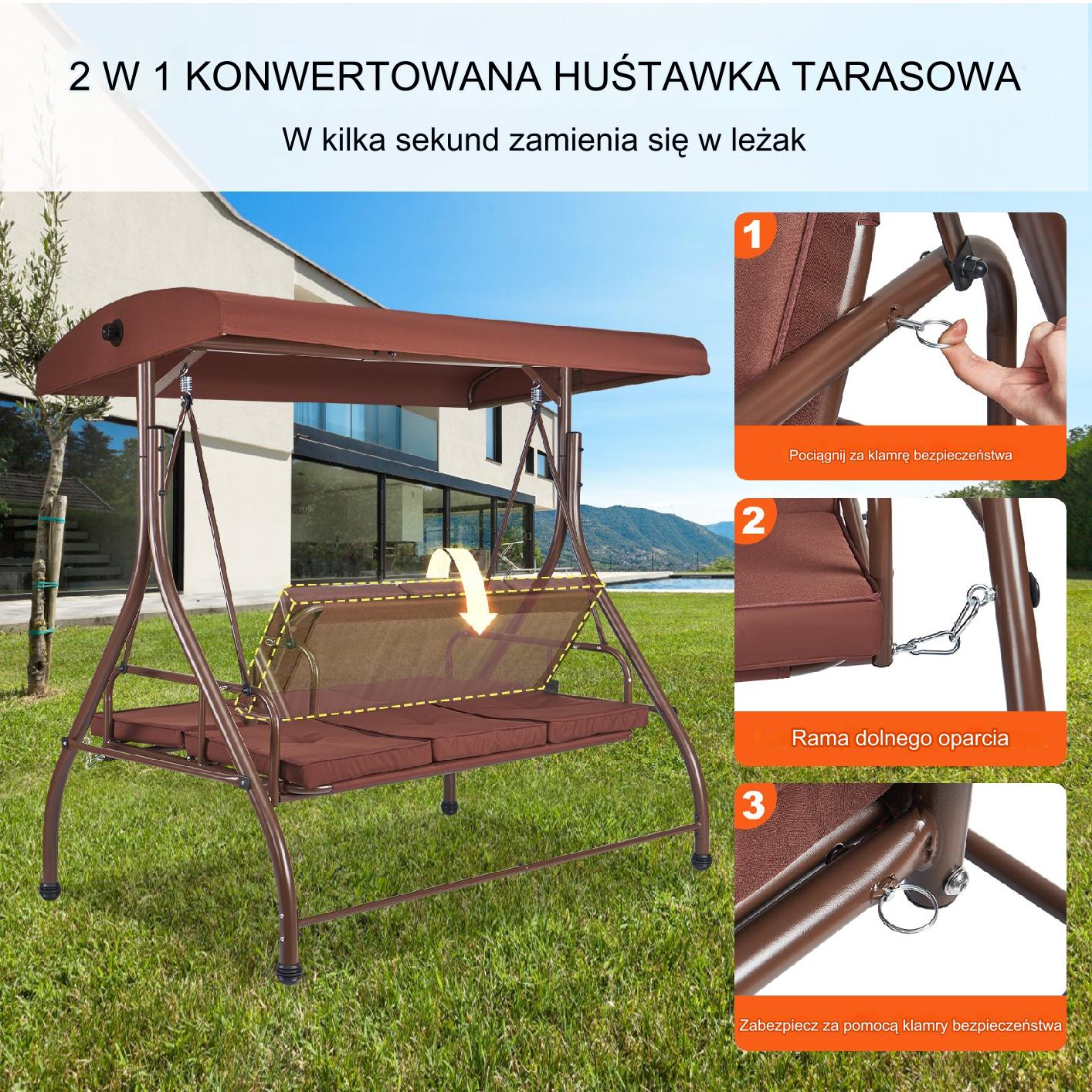 Huśtawka ogrodowa 3-osobowa ze stali baldachim poduszki balkon 185 cm - obrazek 5