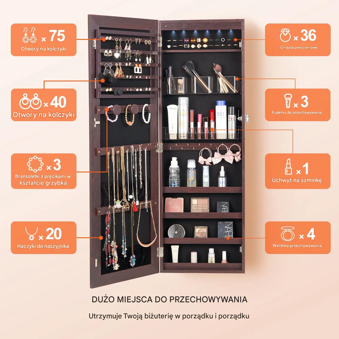 Szafa na biżuterię z lustrem LED 108cm montaż ścienny zamykana brązowa - obrazek 6