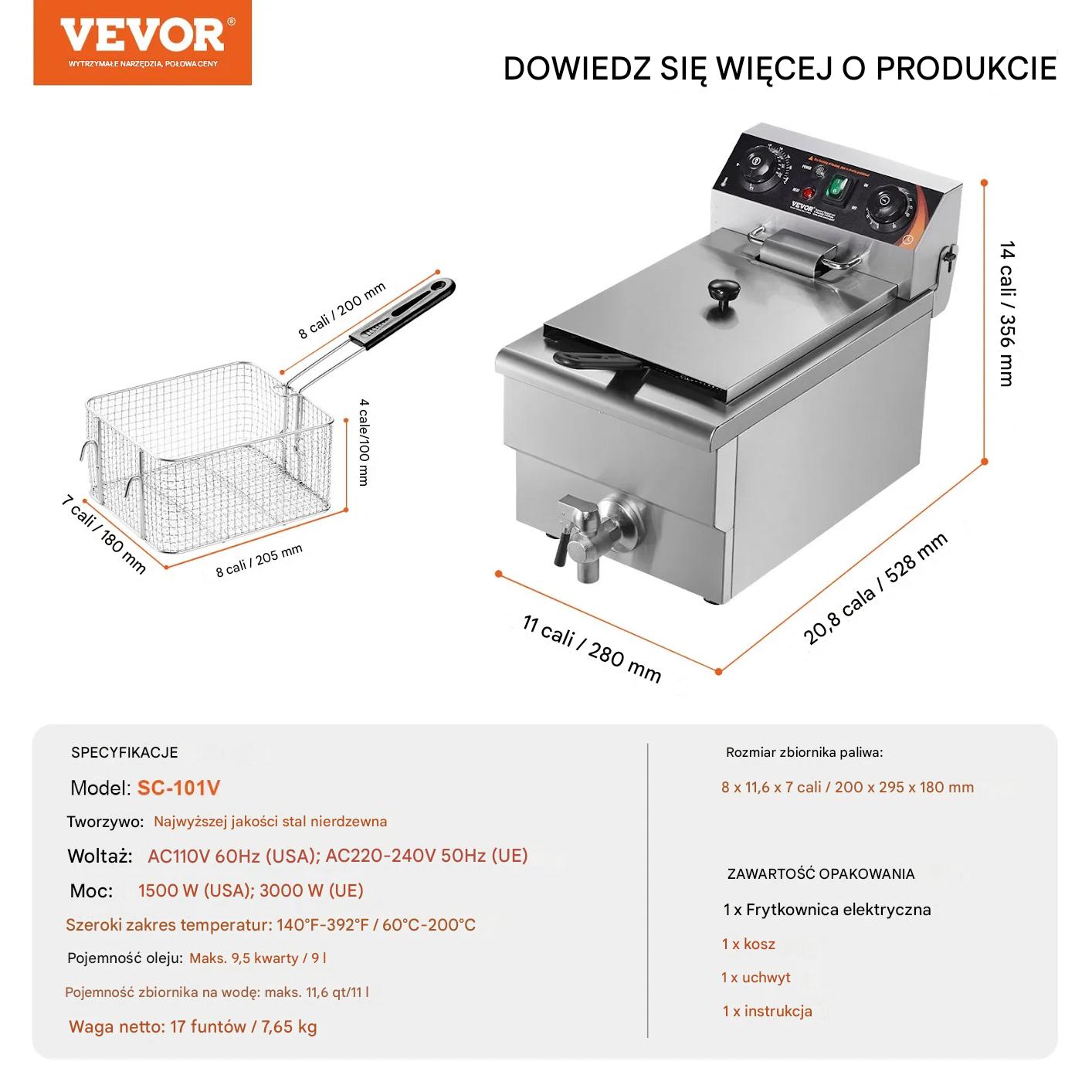 Frytkownica elektryczna gastronomiczna 3000W 11L stalowa z koszem - obrazek 2