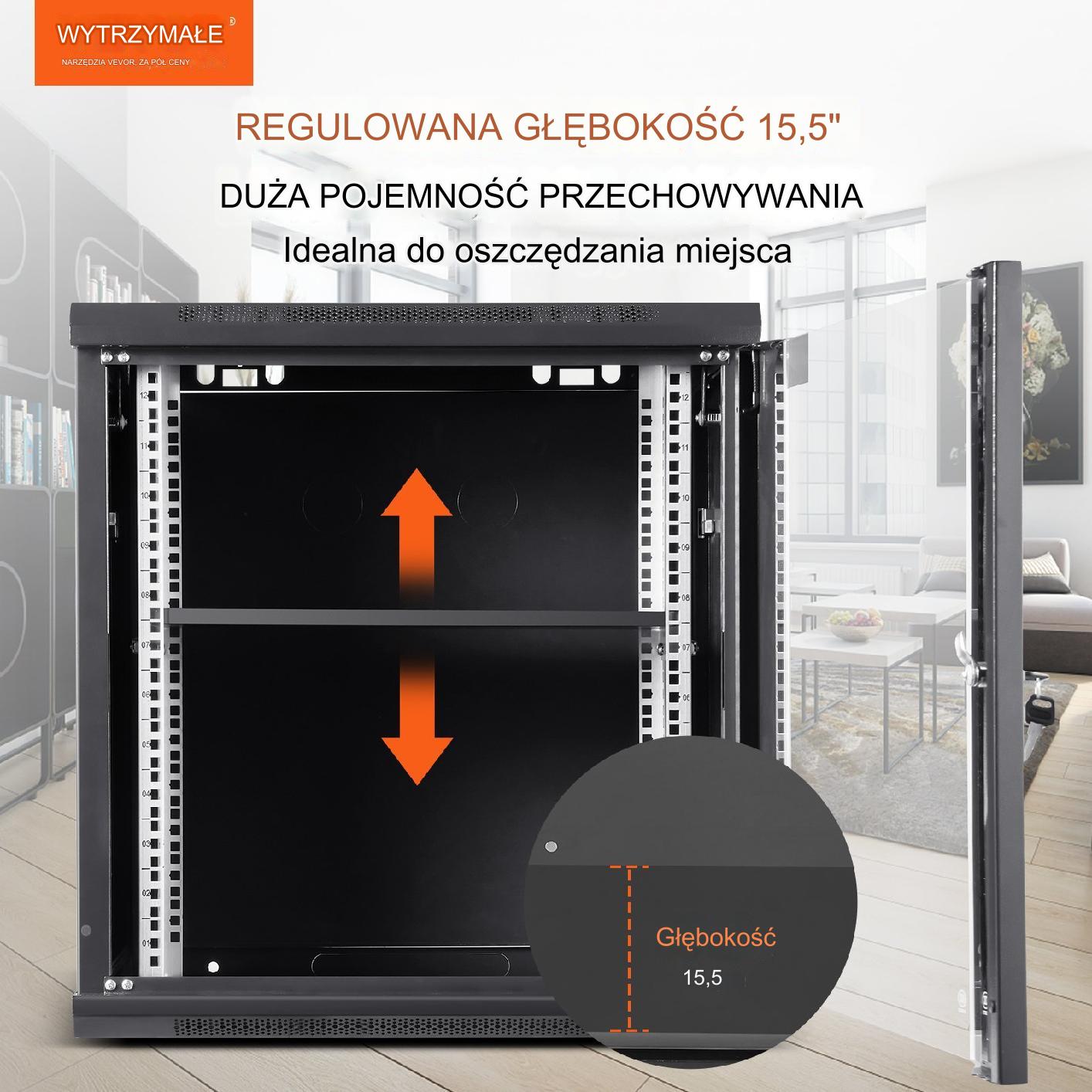 Szafa rack 12U ścienna 40cm głębokość 90kg drzwi na klucz IT serwer - obrazek 7