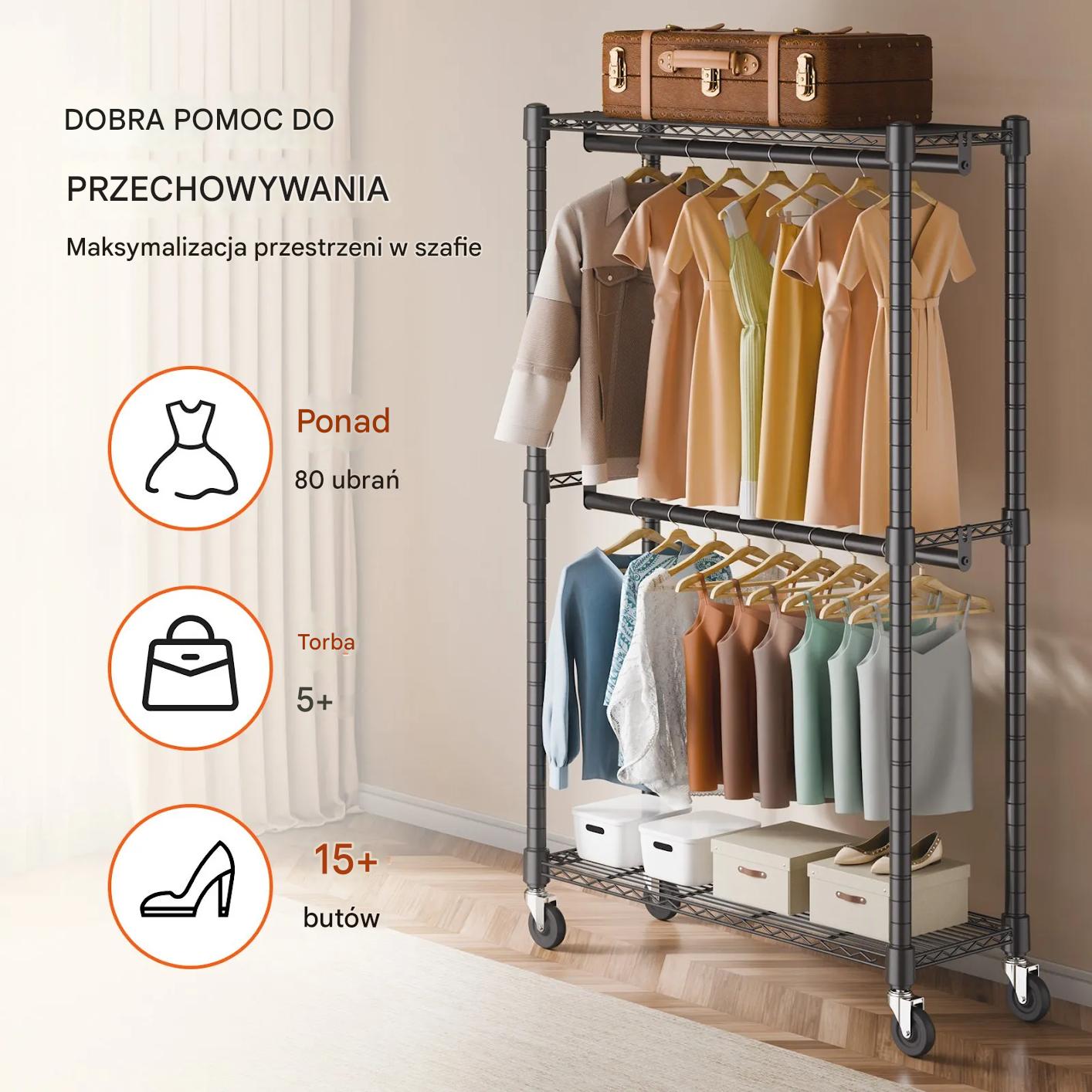 Wieszak na ubrania metalowy 135kg podwójny drążek szafa przemysłowa - obrazek 4