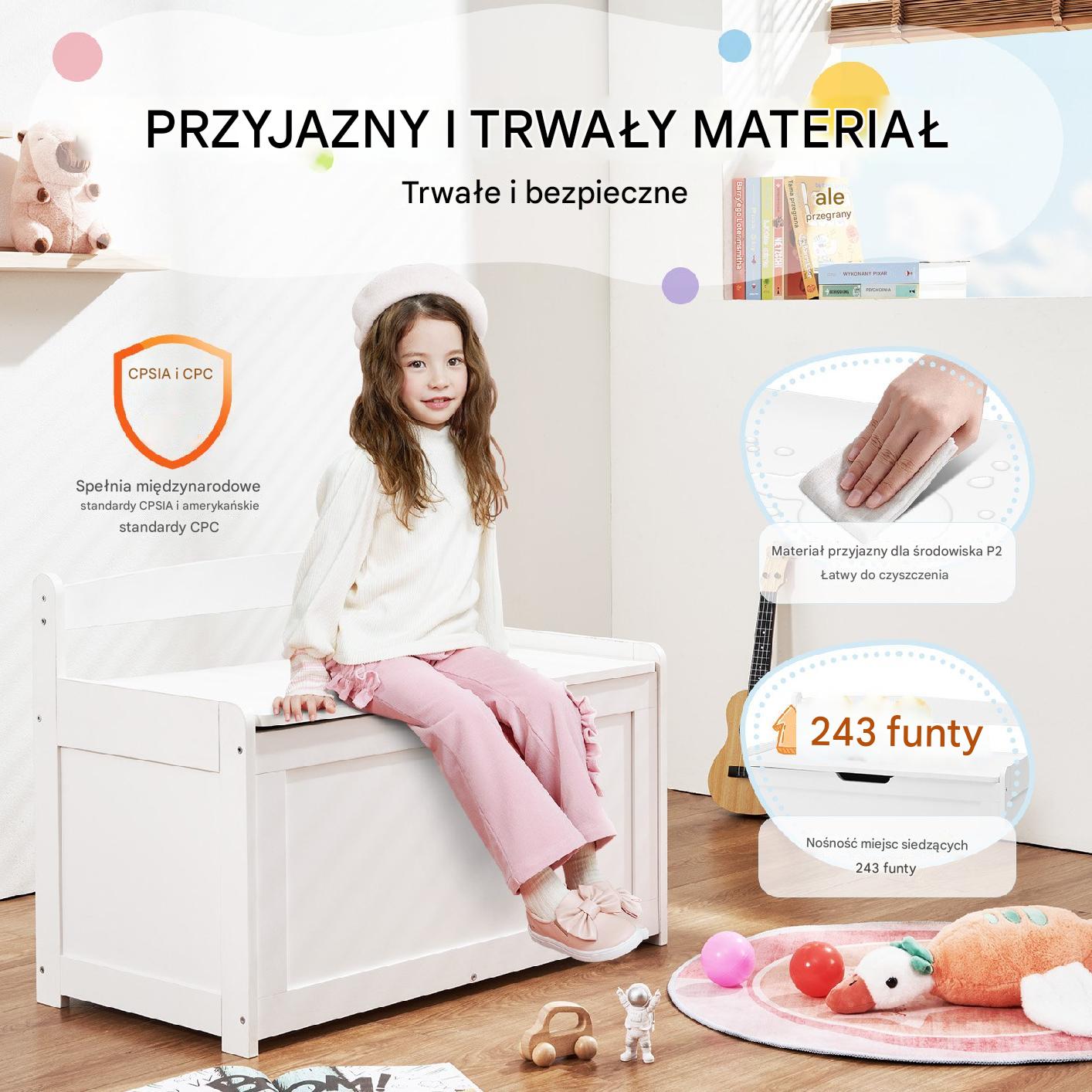 Duża drewniana skrzynia na zabawki Pufa Kufer na Zabawki Siedzisko biała - obrazek 5