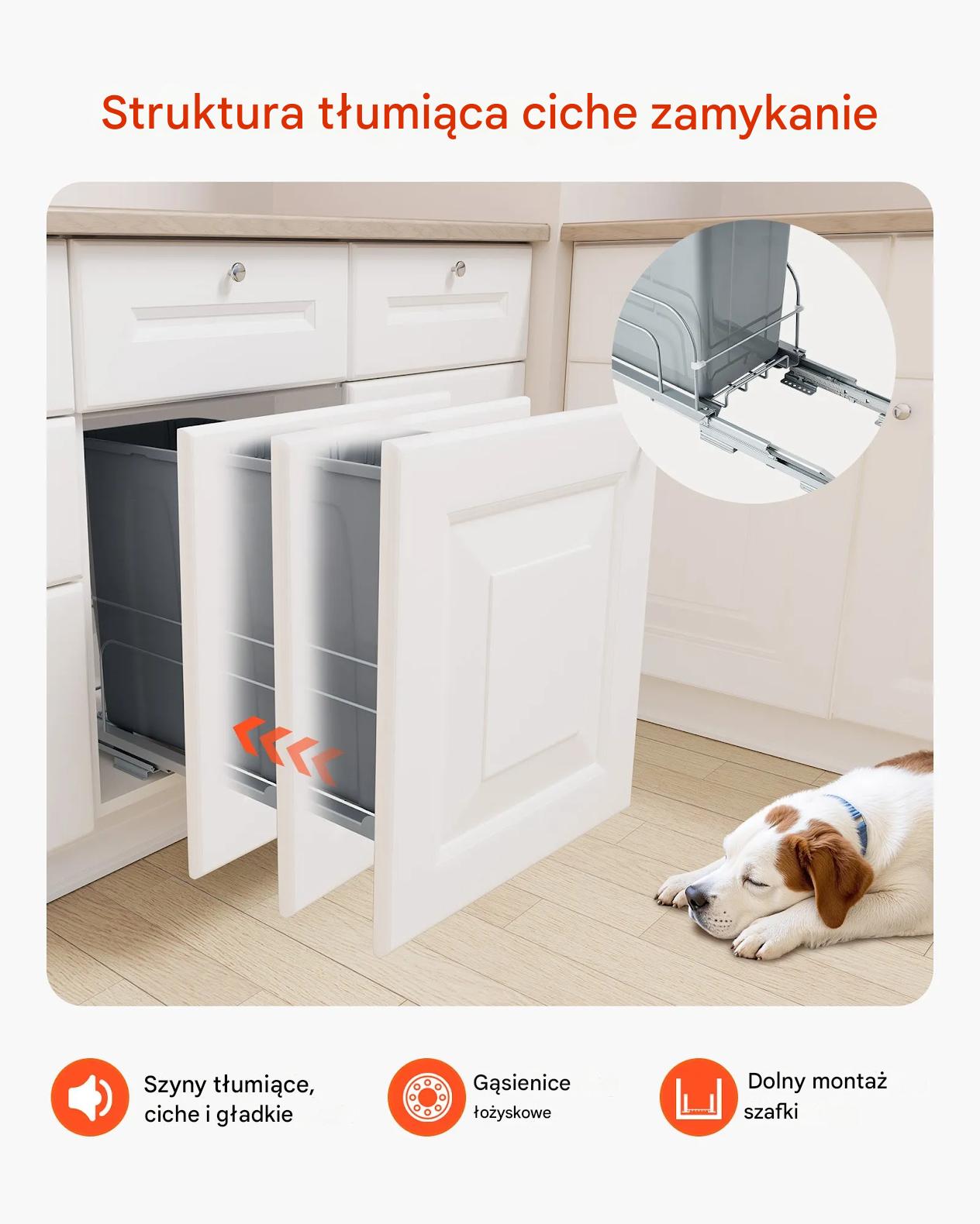 Kosz wysuwany do szafki szuflada soft-close, metalowy system, do kuchni - obrazek 3