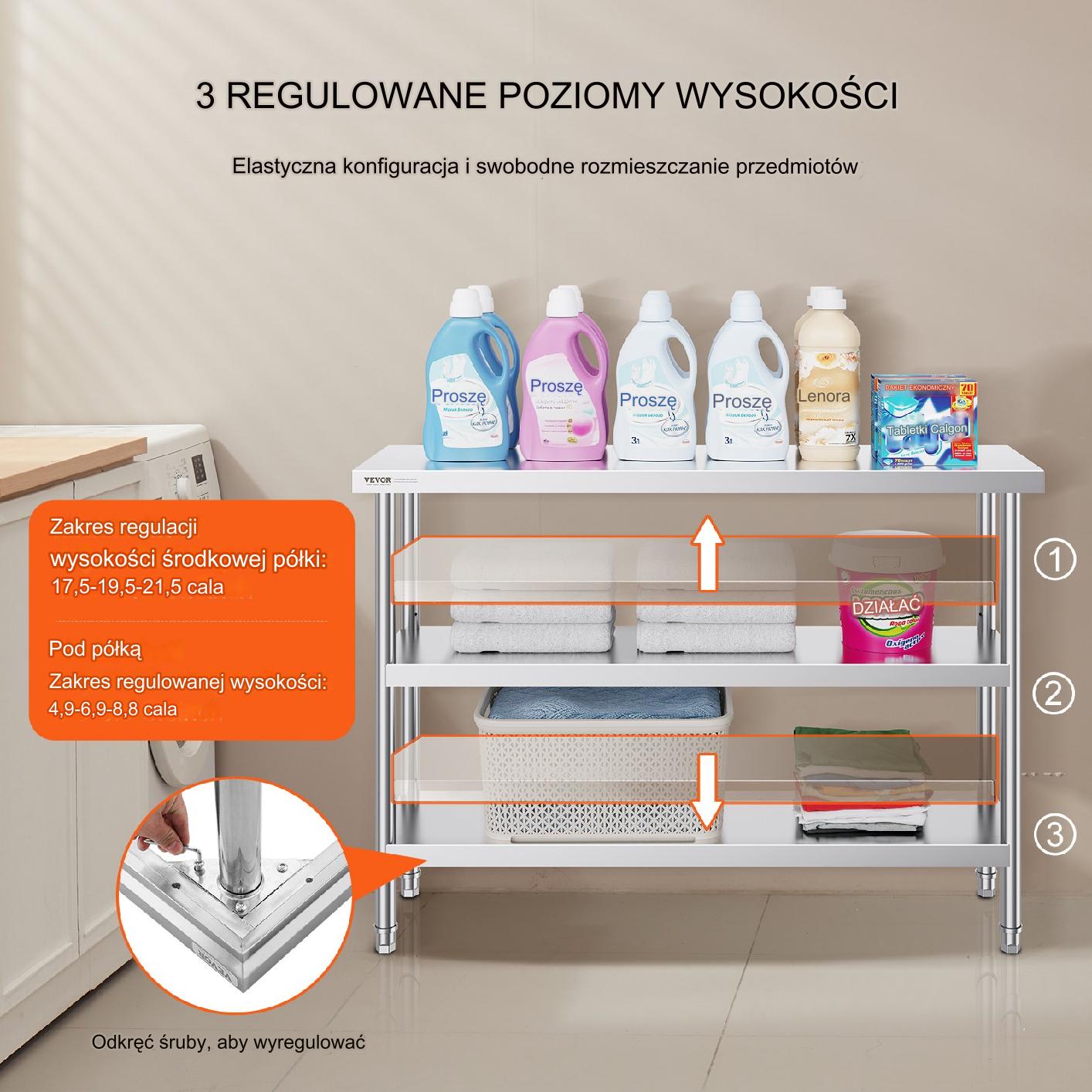 Stół gastronomiczny nierdzewny 36x122cm blat roboczy do kuchni 3 regały - obrazek 3