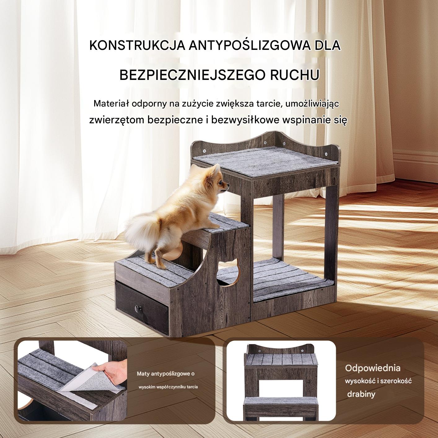 Piętrowe łóżko dla psa szare 83x45cm z schodami i schowkiem ochrona stawów - obrazek 5