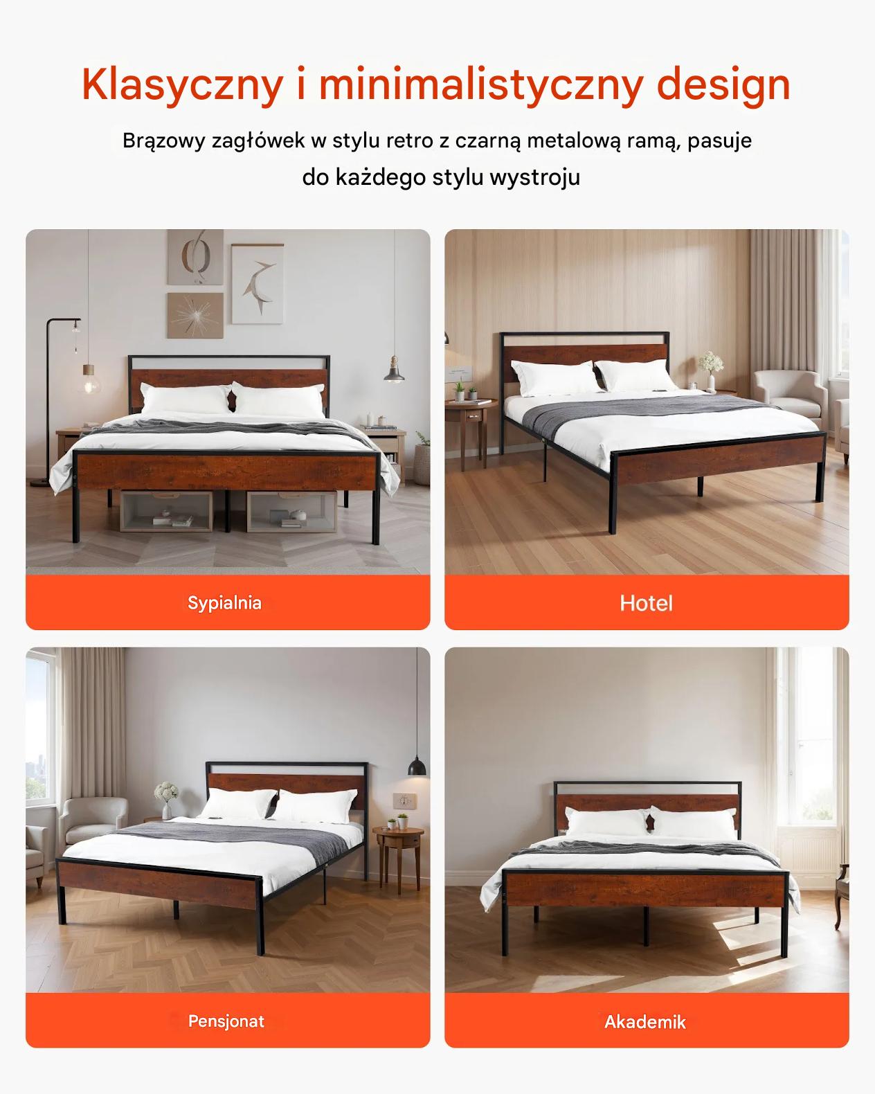 Łóżko metalowe full size 35 cm z drewnianym zagłówkiem i dużym schowkiem - obrazek 6