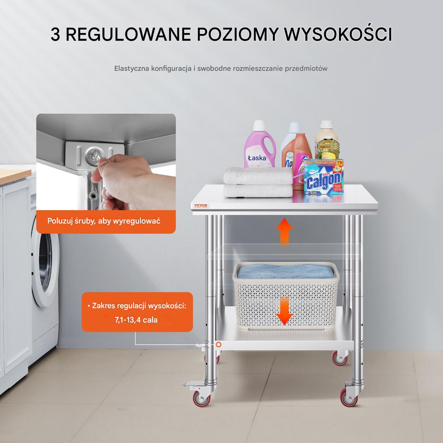 Stół roboczy ze stali nierdzewnej 76x60x85 cm mobilny 317 kg 3-poziomowy - obrazek 6