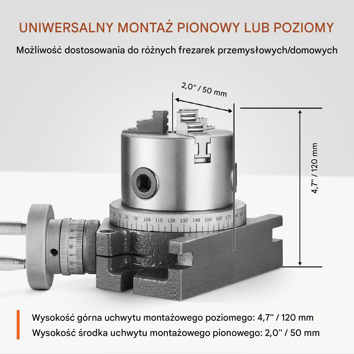 Stół obrotowy do frezarki 100 mm, 3-szczękowy 80 mm, poziomy/pionowy - obrazek 3