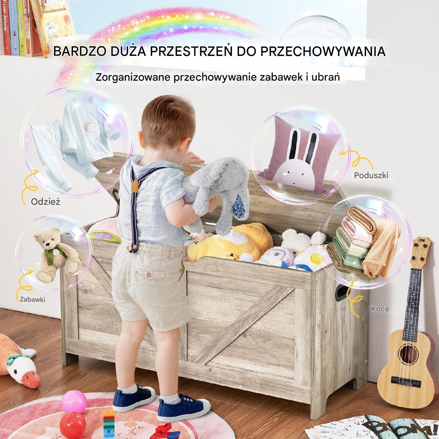 Duża drewniana skrzynia na zabawki Pufa Kufer na Zabawki Siedzisko szara - obrazek 7