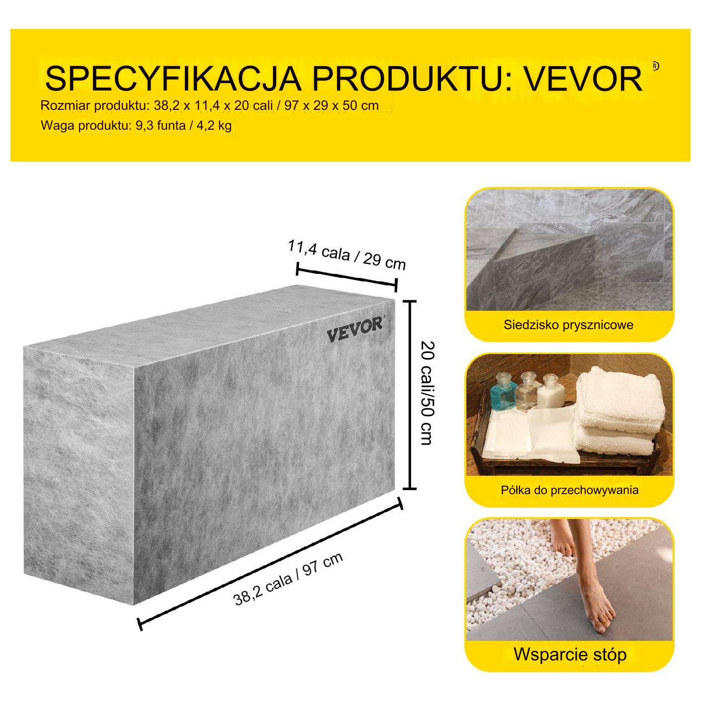 Ławka prysznicowa prostokątna 97x29x51cm wodoodporna do zabudowy - obrazek 2