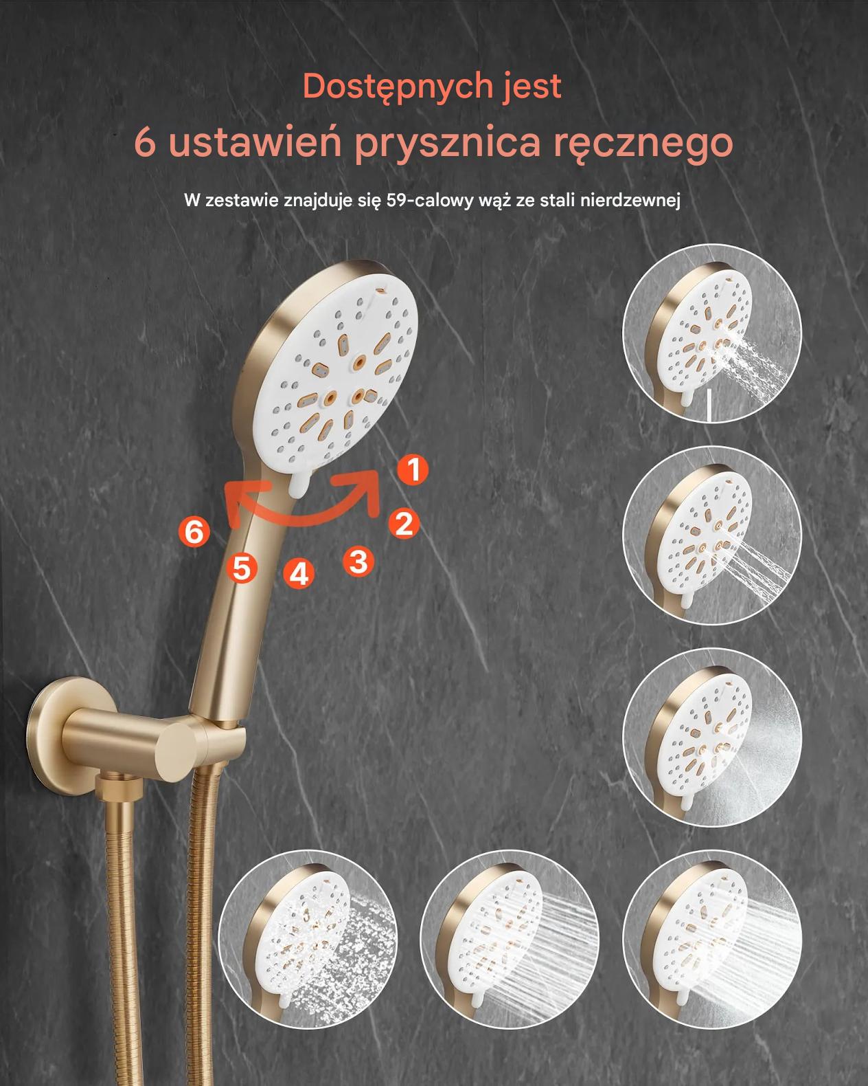 Zestaw prysznicowy deszczownica 25 cm z rączką mosiądz złoty montaż ścienny - obrazek 4