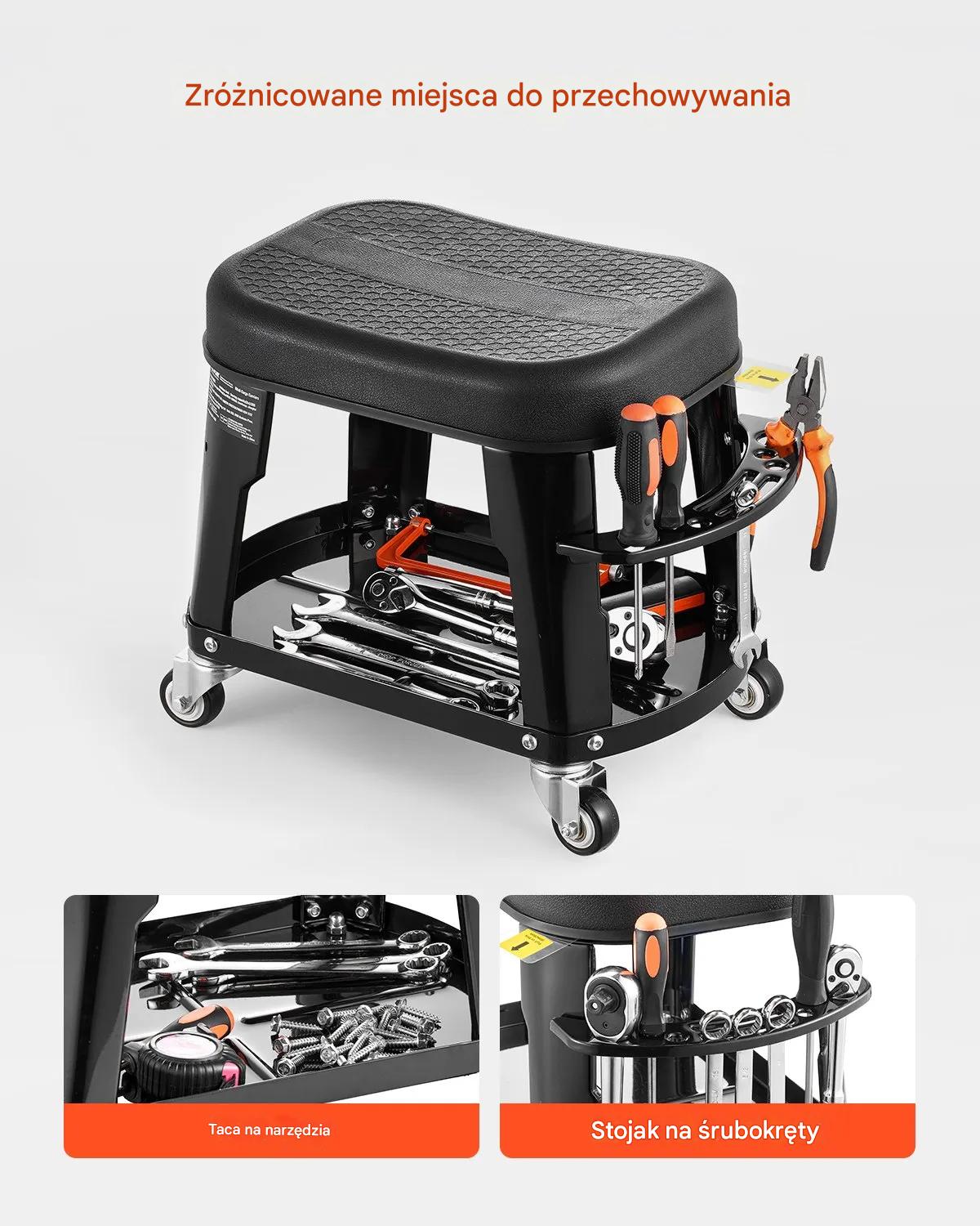 Taboret warsztatowy na kółkach 136 kg 360° z półką i uchwytem garaż - obrazek 5