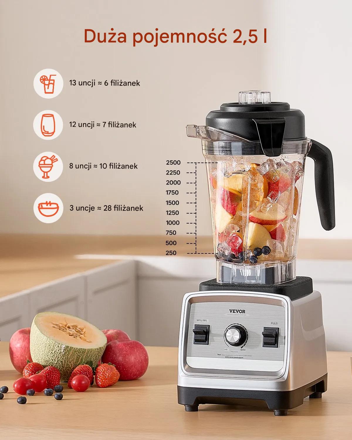 Blender kielichowy wielofunkcyjny 1600W 2,5 L smoothie koktalje i soków - obrazek 4