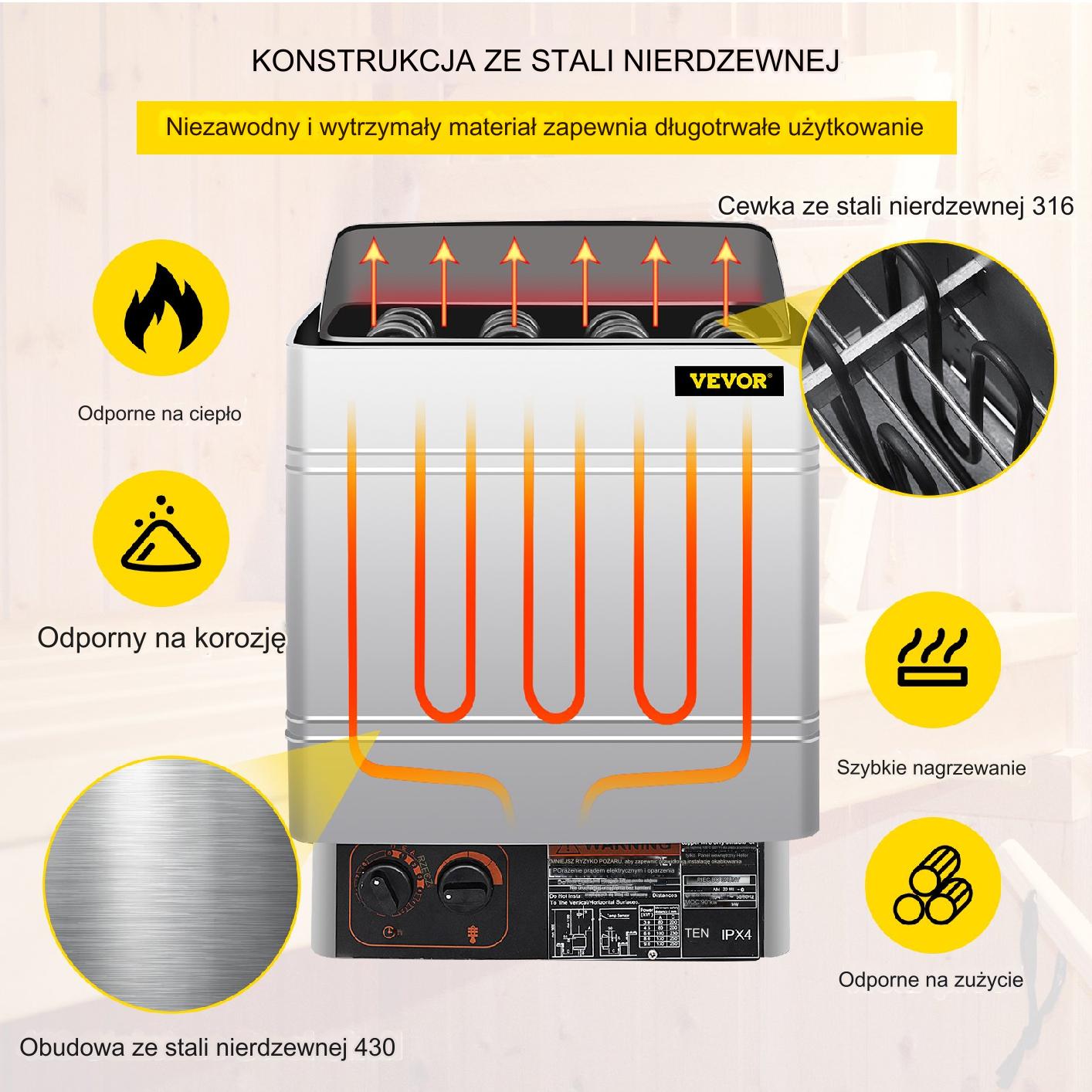 Piec do sauny elektryczny 9 kW ze sterownikiem zewnętrznym stal - obrazek 2