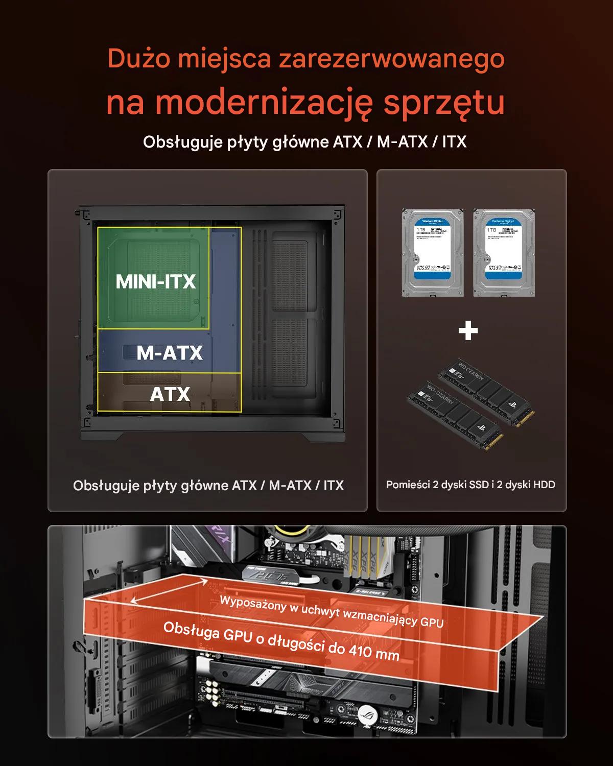 Obudowa PC mid tower dual chamber szkło hartowane ATX ITX gaming kabel - obrazek 5