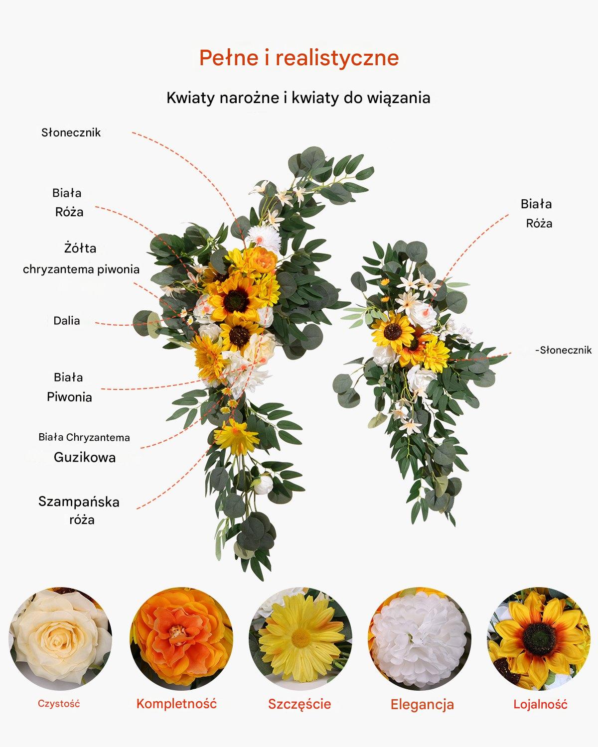 Dekoracja Ślubna - Komplet Kwiatów i Tkanin na Łuk 3-Częściowy Żółty - obrazek 6