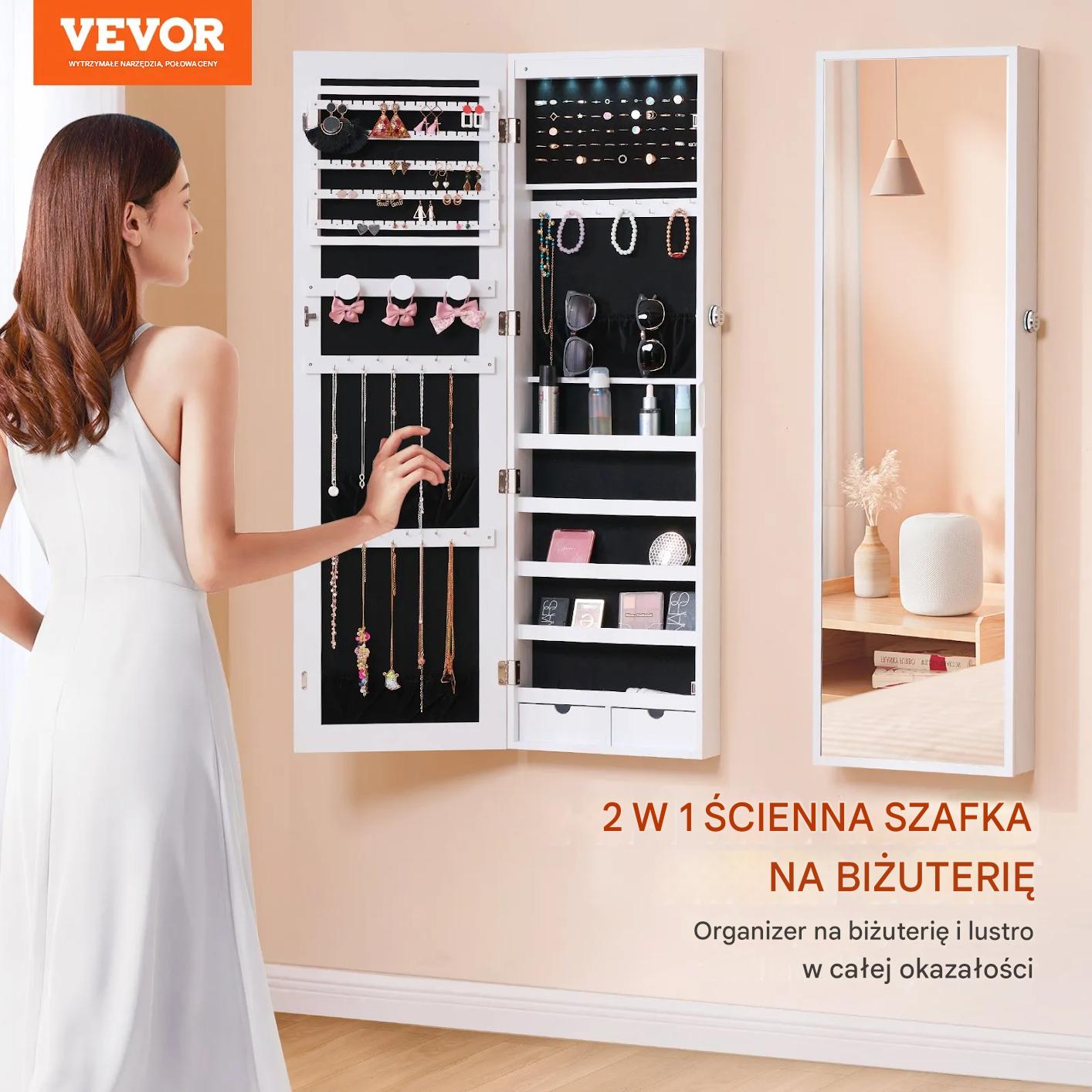Szafa na biżuterię z lustrem LED 119 cm montaż ścienny zamykana biała - obrazek 3