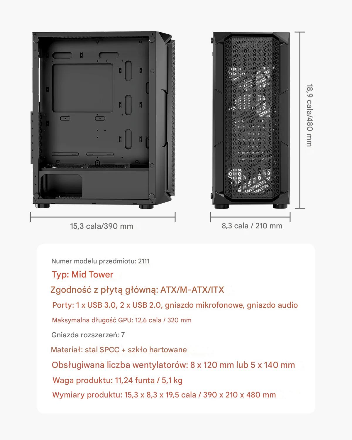 Obudowa PC gaming ATX mid tower ARGB szkło hartowane wysoki airflow - obrazek 2