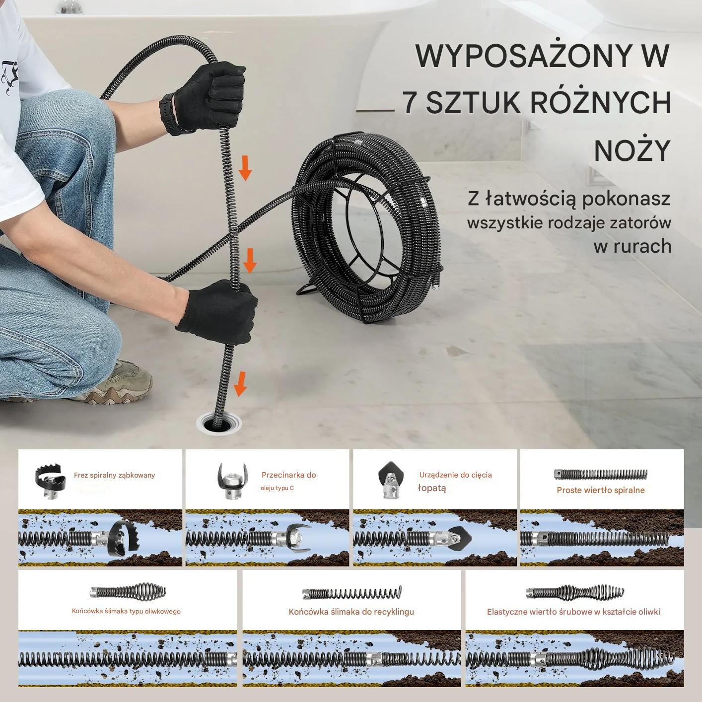 Przepychaczka kanalizacyjna 20m 16mm 7 noży do rur 2-10cm profesjonalna - obrazek 4