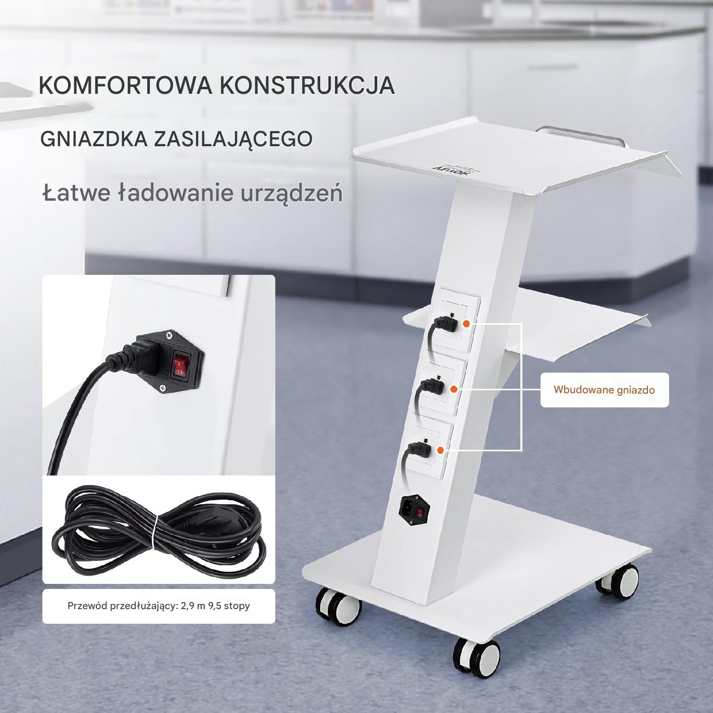 Wózek dentystyczny 3-poziomowy mobilny z gniazdkiem do gabinetu - obrazek 3