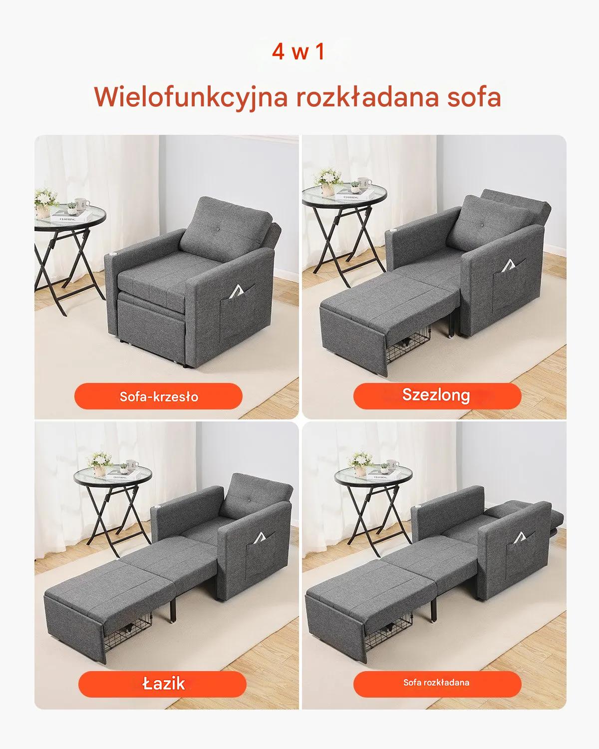 Sofa rozkładana 1-osobowa szara z pojemnikiem i regulowanym oparciem - obrazek 2