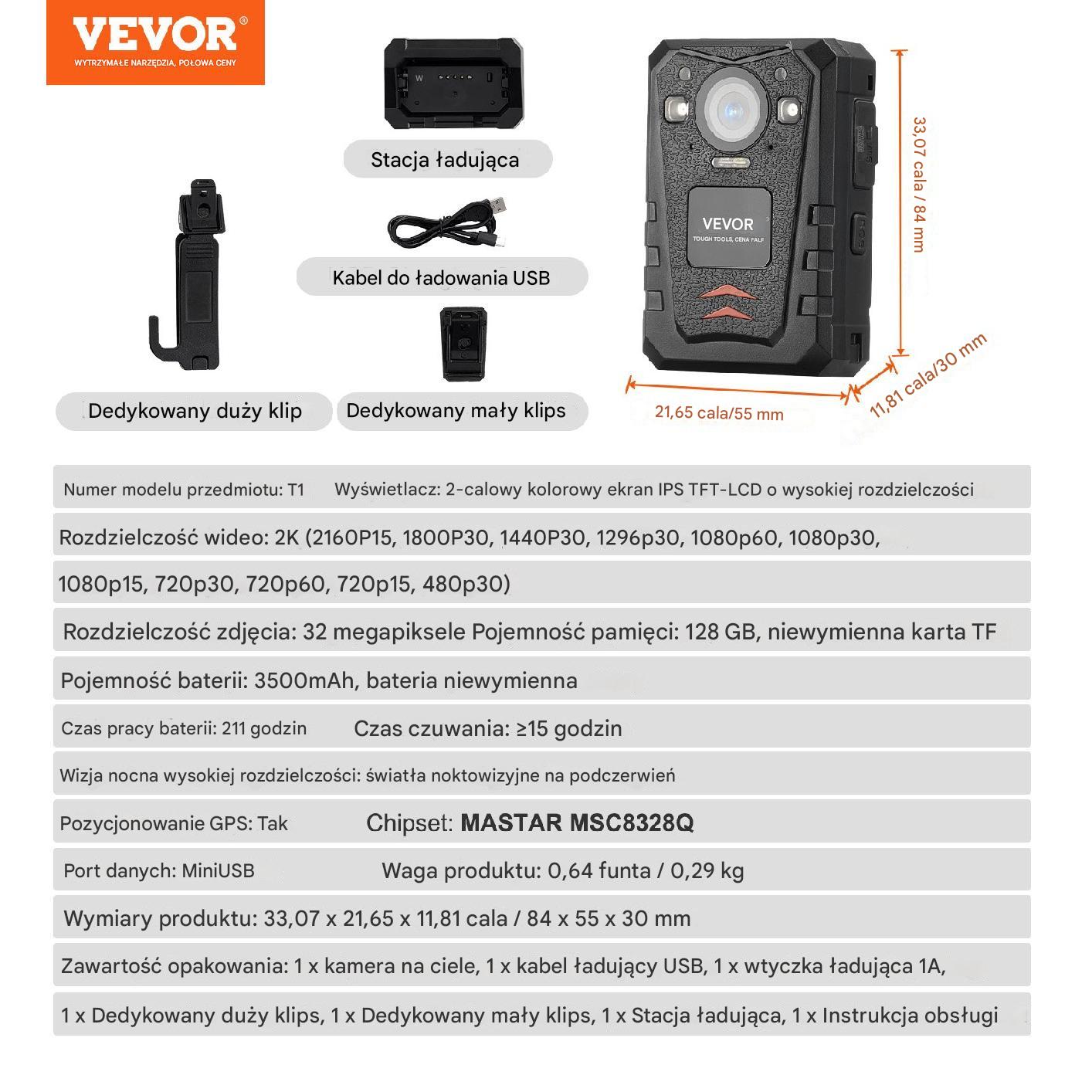 Kamera bodycam 1440P 128GB – policyjna z noktowizją i GPS bateria 3500mAh - obrazek 2