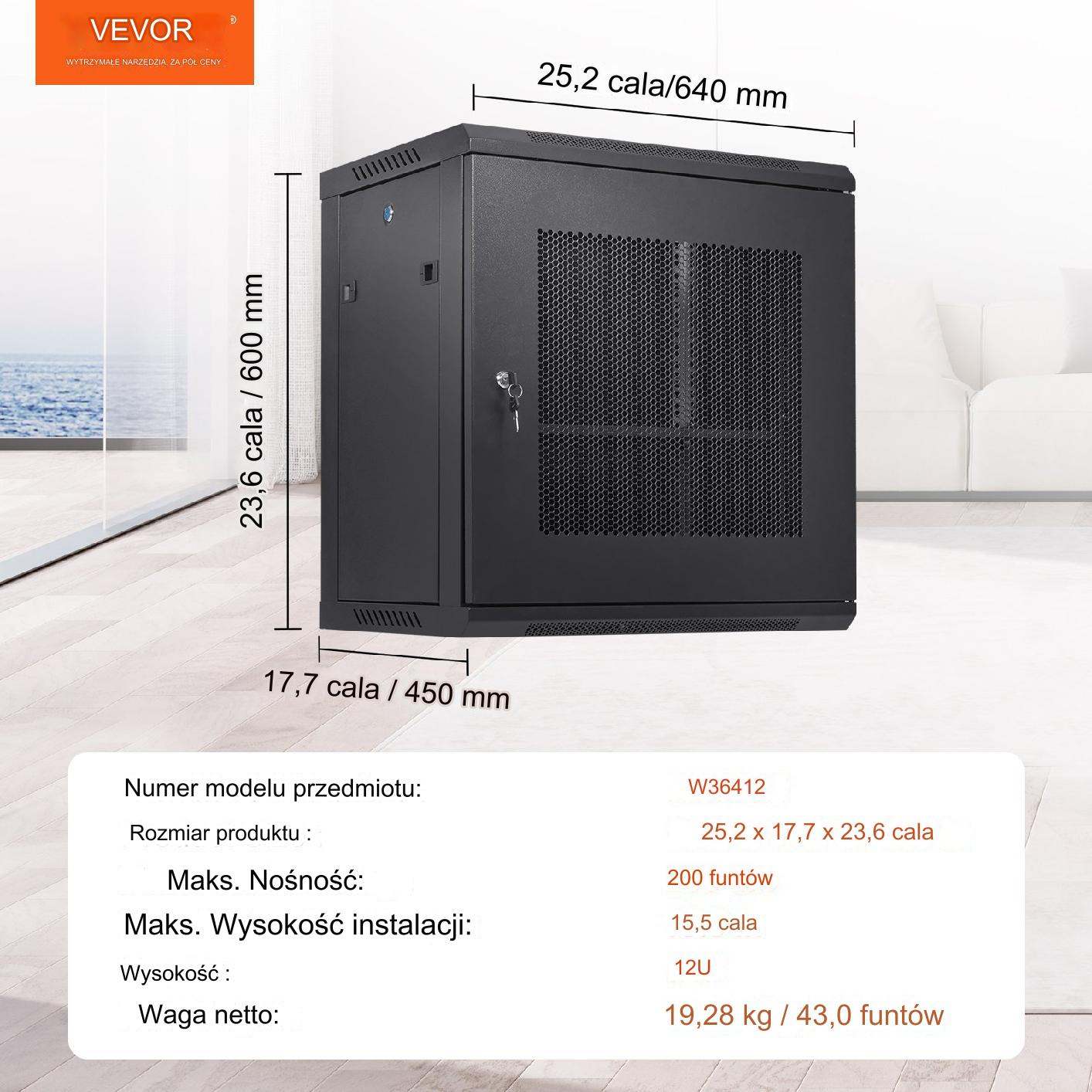 Szafa rack 12U ścienna 40cm głębokość 90kg drzwi na klucz IT serwer - obrazek 2