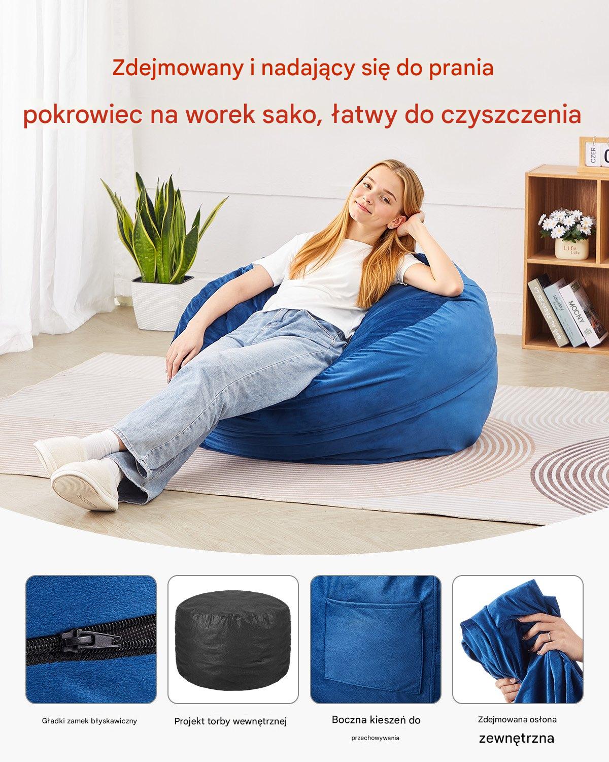 Fotel Worek Okrągły z Pokrowcem Niebieski – 890 x 890 x 560 mm - obrazek 4