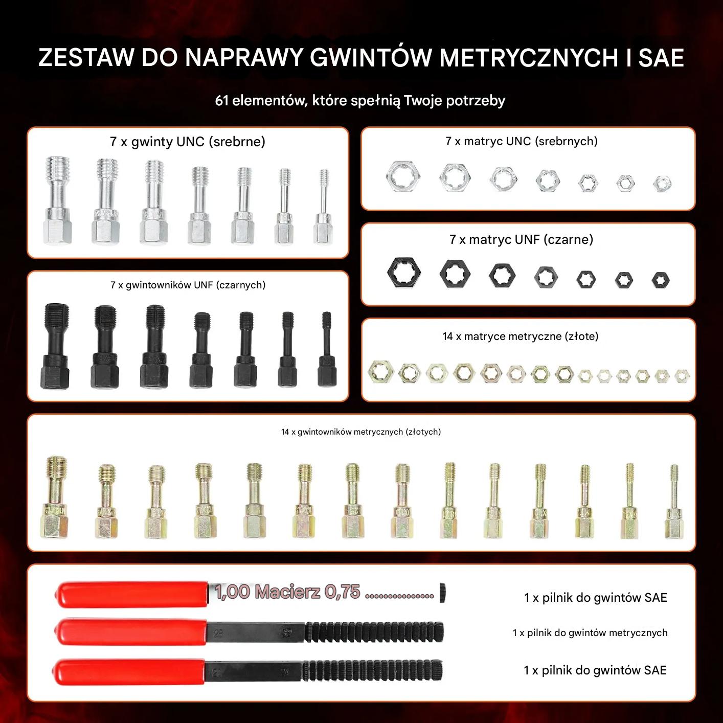 Zestaw do naprawy gwintów 61 elementów UNC UNF metryczne do warsztatu - obrazek 4