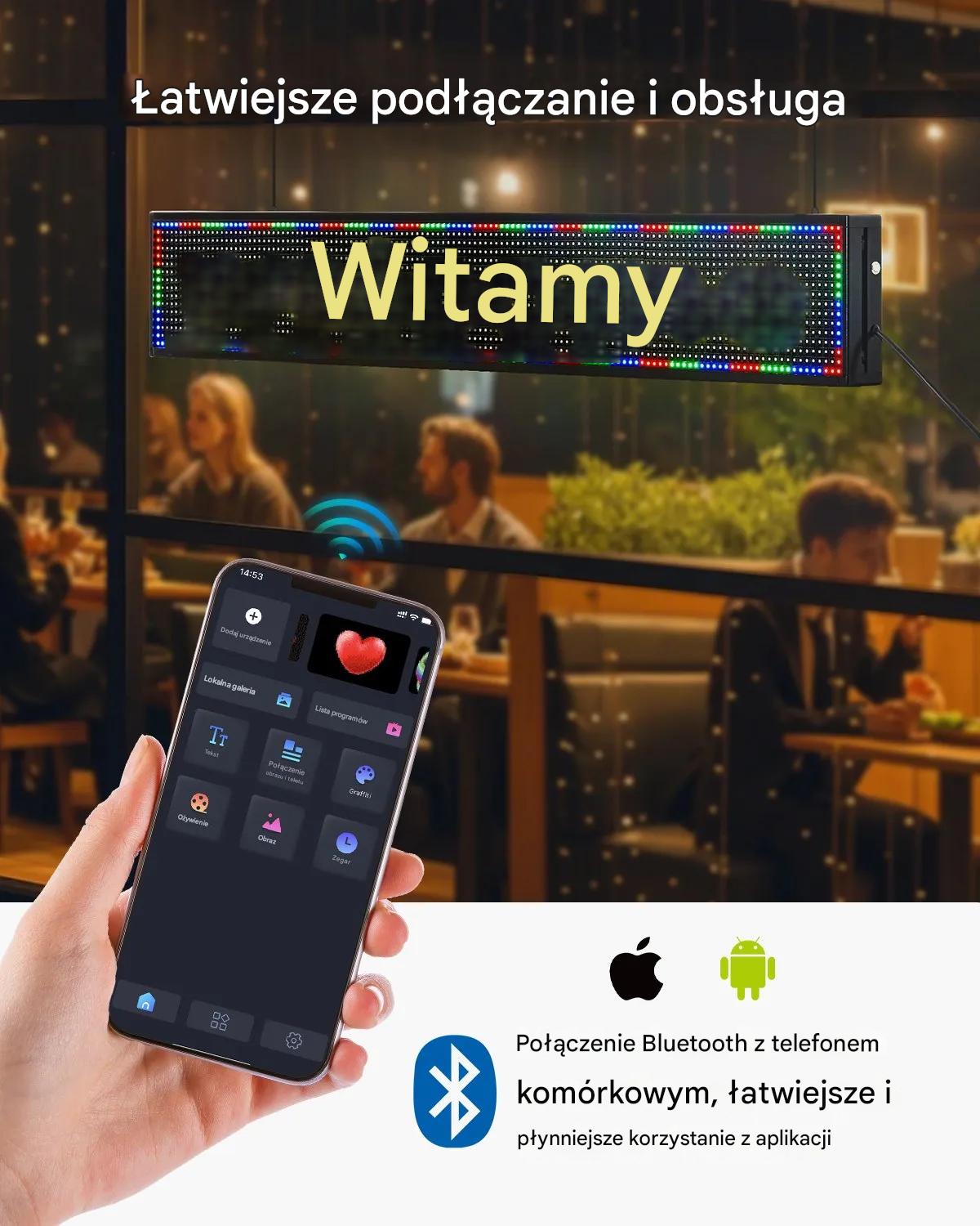 Tablica LED programowalna RGB 132x20cm cm Bluetooth tekst GIF reklama sklep - obrazek 4
